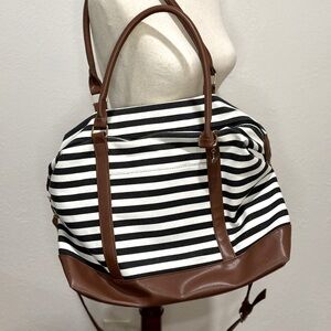 True Born charcoal and white striped canvas duffle bag / gym bag / carry-on.